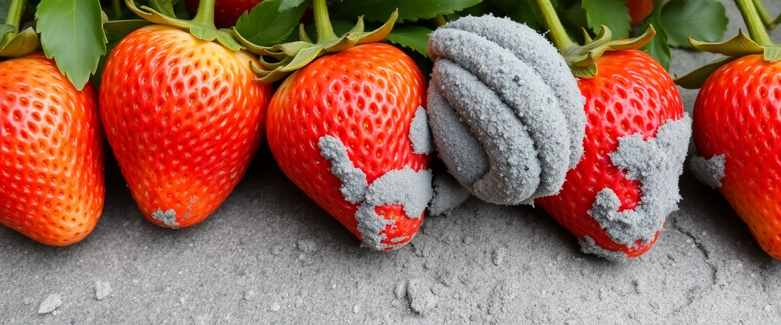 Fresas con manchas marrones y crecimiento de moho gris